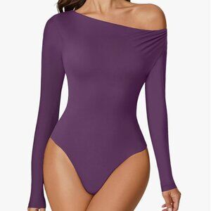 Off-the-Shoulder Long-Sleeve Double Lined Thong Bodysuit